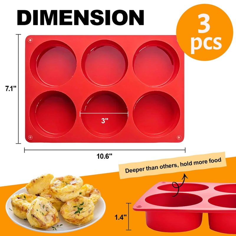 Dootafy Silicone Egg Bite Molds, 3 Pack Deep 3 Inch Dash Egg Cups Sous Vide Egg Mold Round Rolls Molds for Egg Breakfast Sandwiches Omelets Dinner Rolls Baking - Red - Image 2